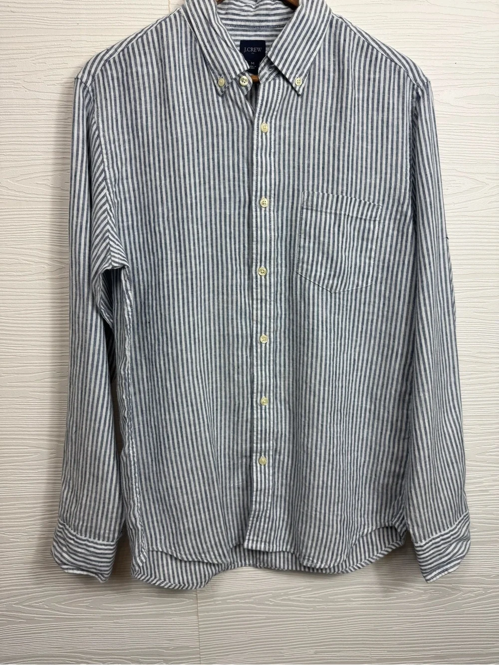 J. Crew Men's Navy and White Vertical Stripe Button-Down Shirt Slim Fit Linen